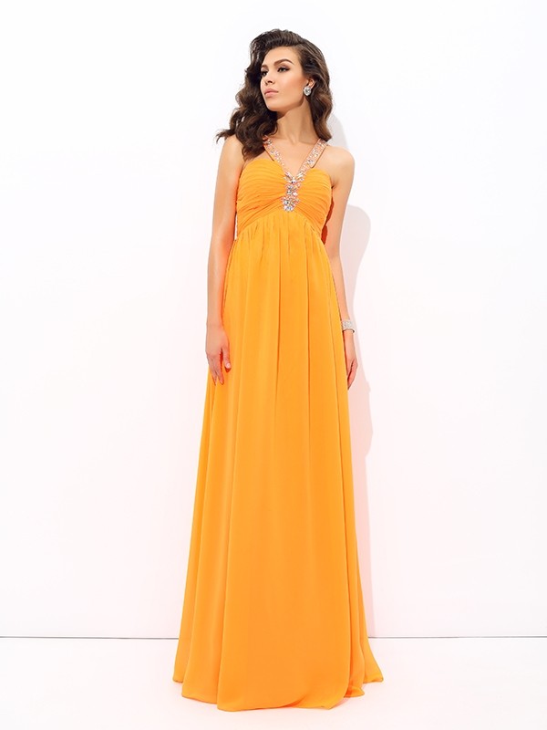 A-line/Princess V-neck Rhinestone Sleeveless Long Chiffon Dresses 5482