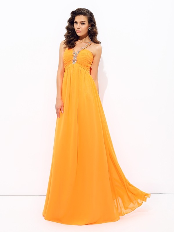 A-line/Princess V-neck Rhinestone Sleeveless Long Chiffon Dresses 5482