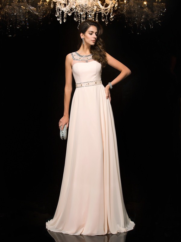 A-Line/Princess Scoop Beading Sleeveless Long Chiffon Dresses 4303