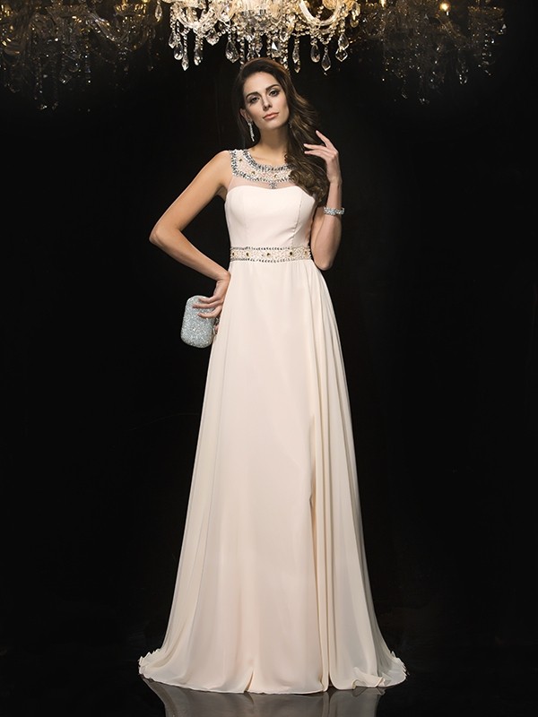 A-Line/Princess Scoop Beading Sleeveless Long Chiffon Dresses 4303