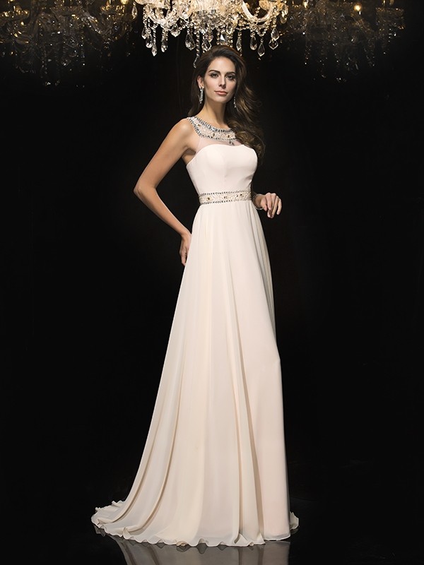 A-Line/Princess Scoop Beading Sleeveless Long Chiffon Dresses 4303