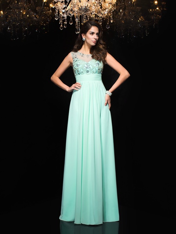 A-Line/Princess Sheer Neck Beading Sleeveless Long Chiffon Dresses 4413