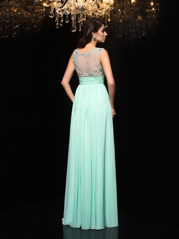 A-Line/Princess Sheer Neck Beading Sleeveless Long Chiffon Dresses 4413