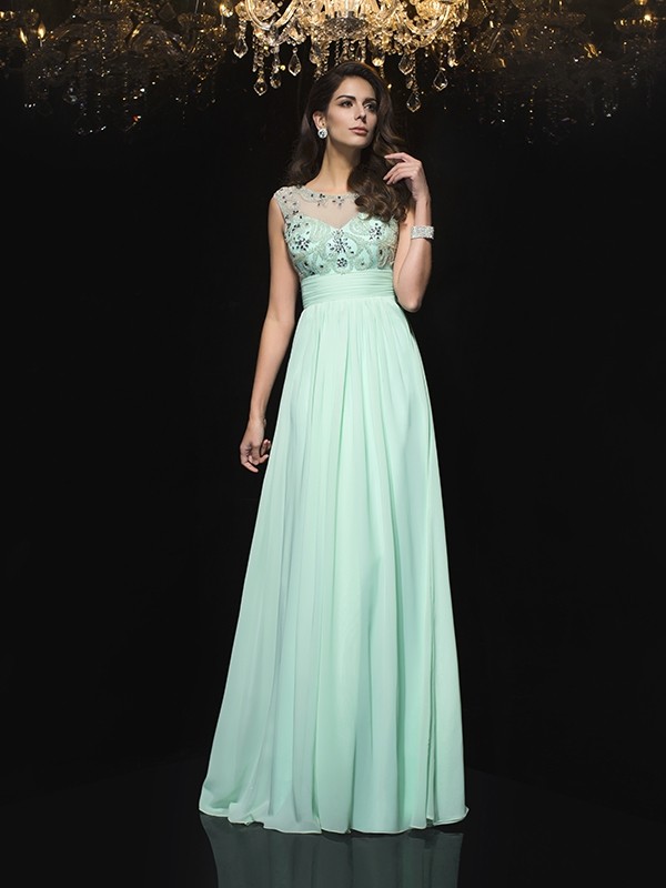 A-Line/Princess Sheer Neck Beading Sleeveless Long Chiffon Dresses 4413