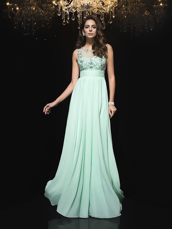 A-Line/Princess Sheer Neck Beading Sleeveless Long Chiffon Dresses 4413