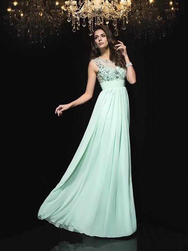 A-Line/Princess Sheer Neck Beading Sleeveless Long Chiffon Dresses 4413