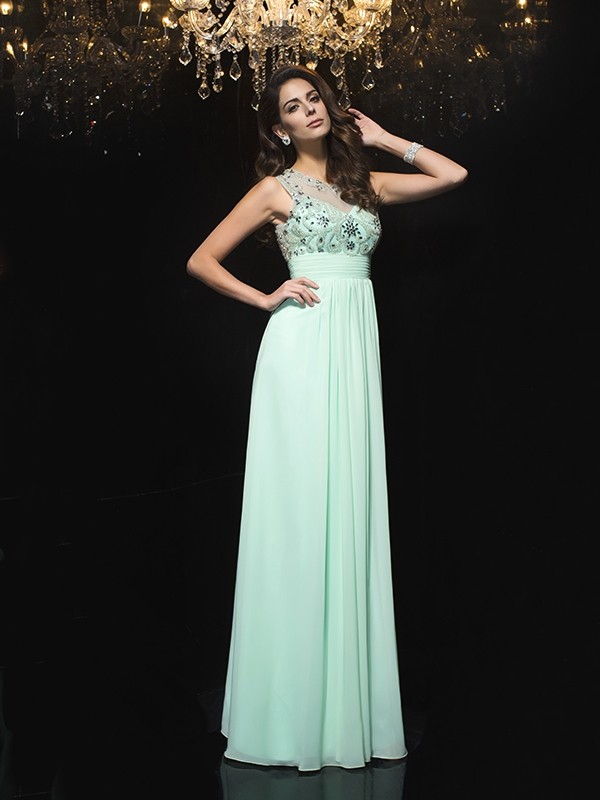 A-Line/Princess Sheer Neck Beading Sleeveless Long Chiffon Dresses 4413