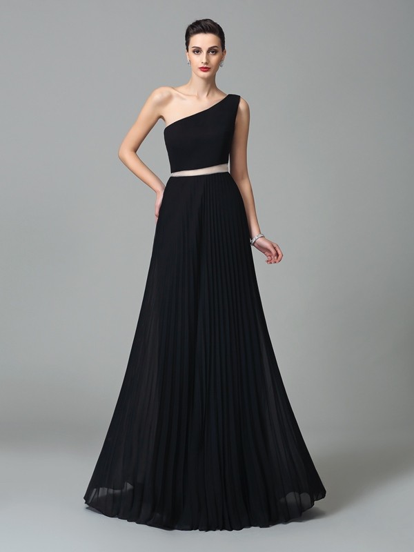 A-Line/Princess One-Shoulder Pleats Sleeveless Long Chiffon Dresses 3862