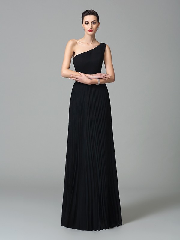 A-Line/Princess One-Shoulder Pleats Sleeveless Long Chiffon Dresses 3862