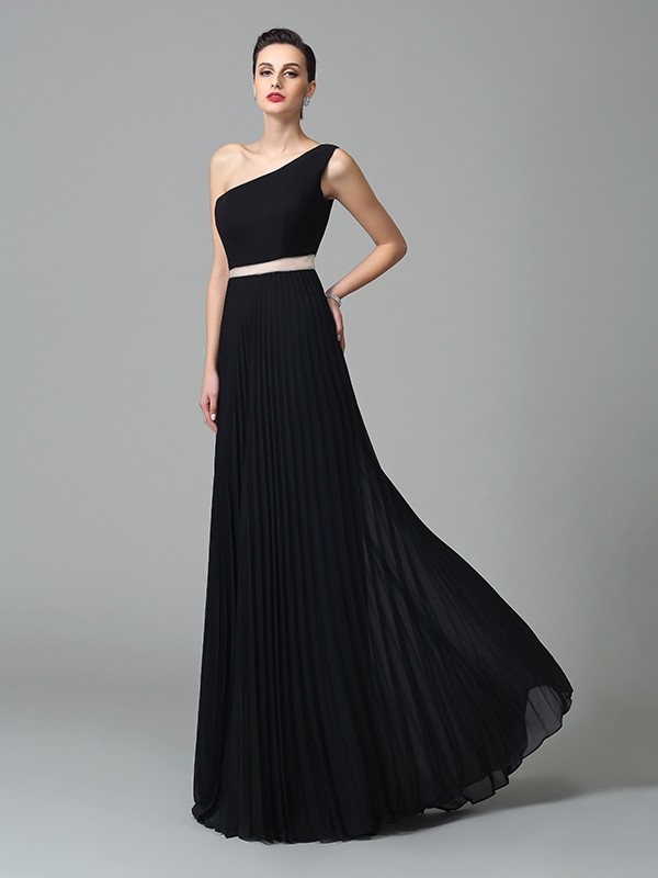 A-Line/Princess One-Shoulder Pleats Sleeveless Long Chiffon Dresses 3862