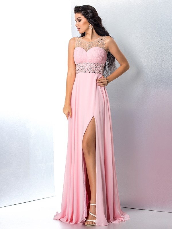 A-Line/Princess Sheer Neck Beading Sleeveless Long Chiffon Dresses 4414