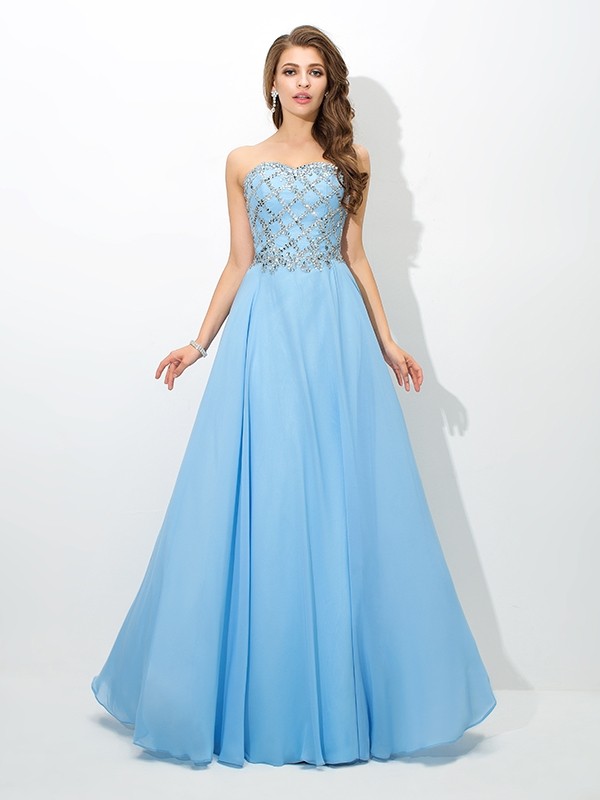 A-Line/Princess Sweetheart Beading Sleeveless Long Chiffon Dresses 4952