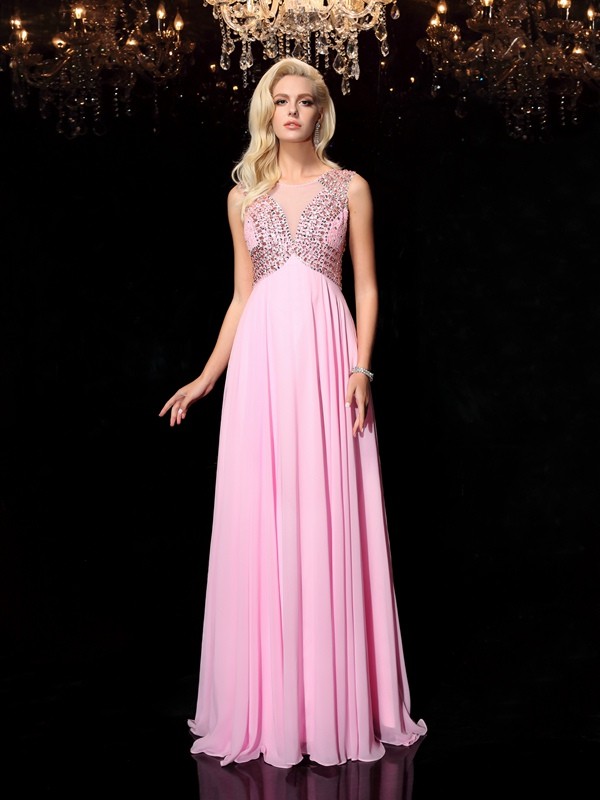 A-line/Princess Scoop Beading Sleeveless Long Chiffon Dresses 4304