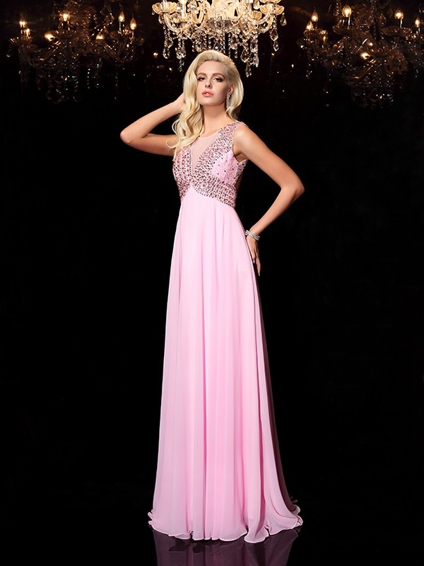 A-line/Princess Scoop Beading Sleeveless Long Chiffon Dresses 4304