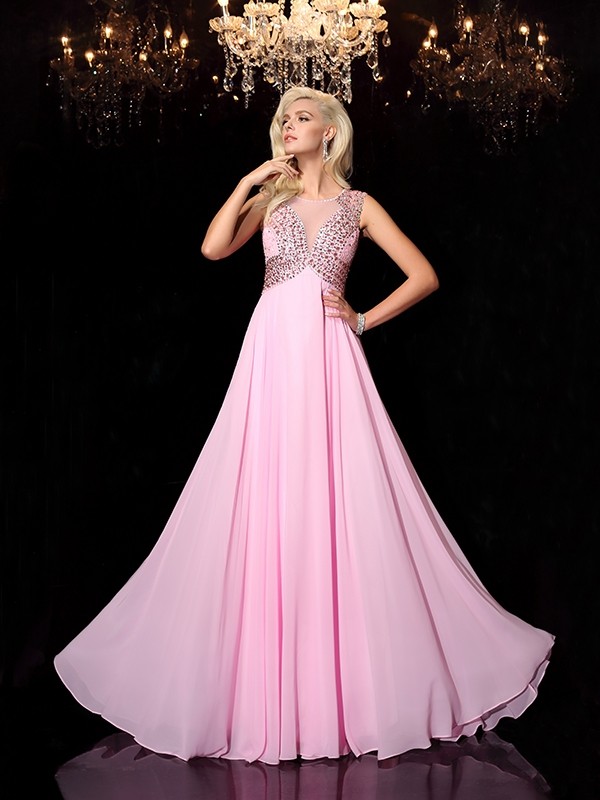 A-line/Princess Scoop Beading Sleeveless Long Chiffon Dresses 4304