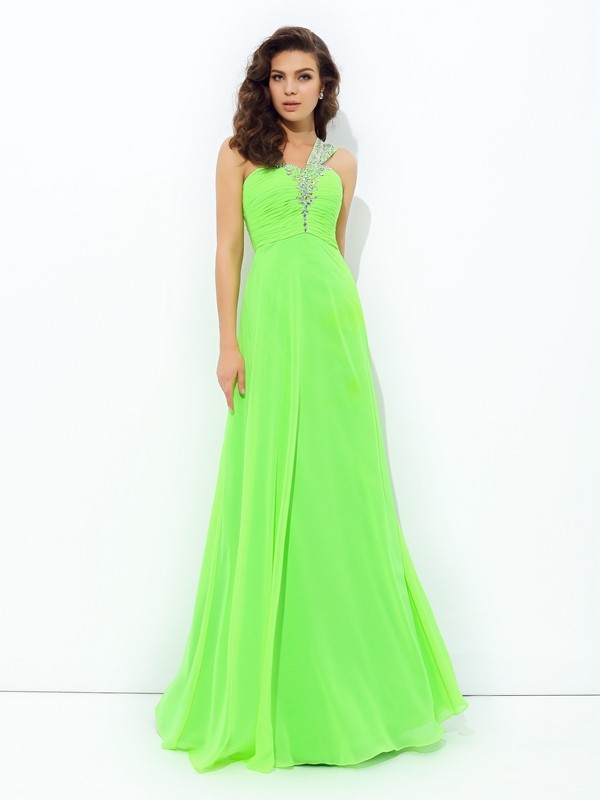 A-line/Princess One-Shoulder Rhinestone Sleeveless Long Chiffon Dresses 3863