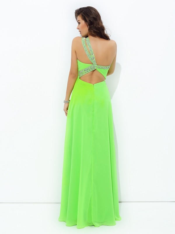 A-line/Princess One-Shoulder Rhinestone Sleeveless Long Chiffon Dresses 3863