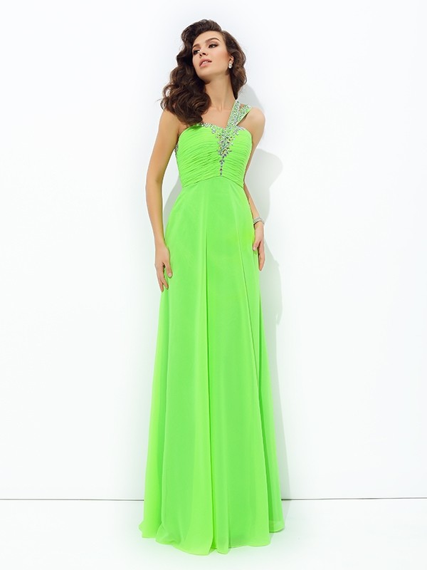 A-line/Princess One-Shoulder Rhinestone Sleeveless Long Chiffon Dresses 3863