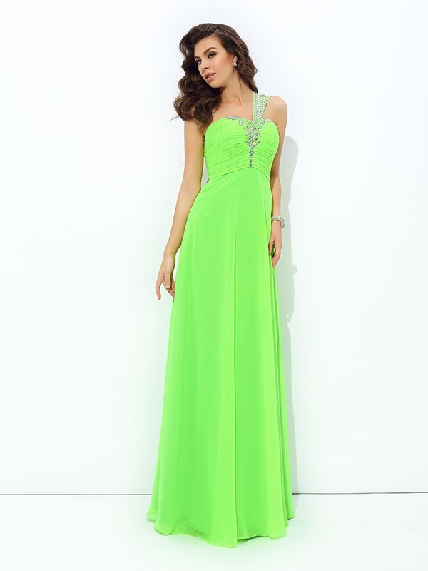 A-line/Princess One-Shoulder Rhinestone Sleeveless Long Chiffon Dresses 3863