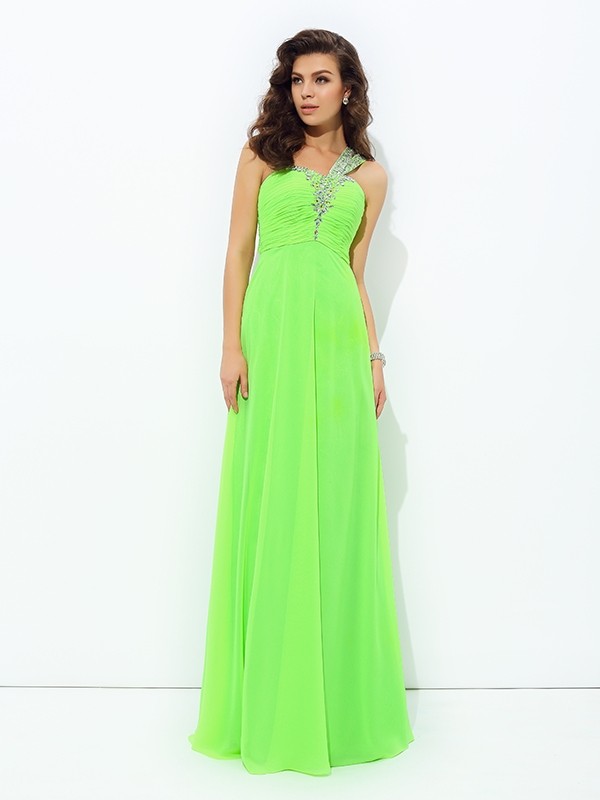 A-line/Princess One-Shoulder Rhinestone Sleeveless Long Chiffon Dresses 3863