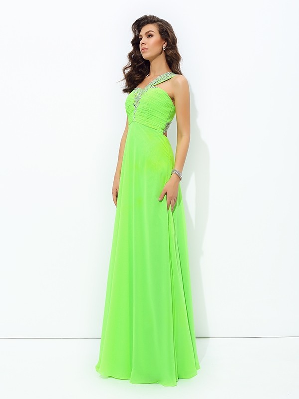 A-line/Princess One-Shoulder Rhinestone Sleeveless Long Chiffon Dresses 3863