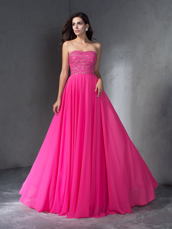 A-Line/Princess Sweetheart Beading Sleeveless Long Chiffon Dresses 4953