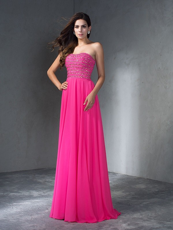 A-Line/Princess Sweetheart Beading Sleeveless Long Chiffon Dresses 4953