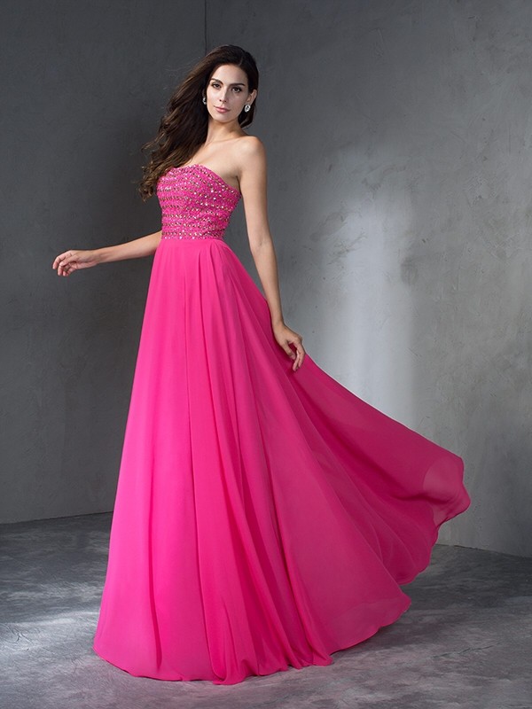 A-Line/Princess Sweetheart Beading Sleeveless Long Chiffon Dresses 4953