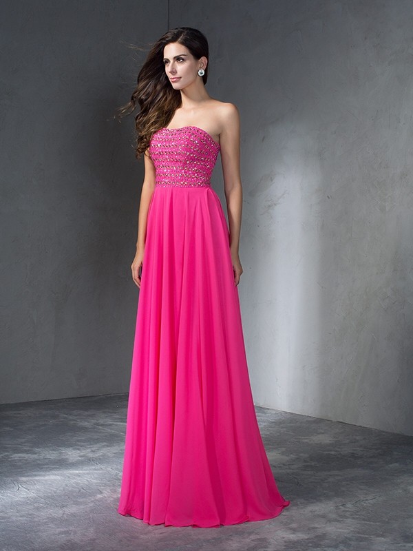 A-Line/Princess Sweetheart Beading Sleeveless Long Chiffon Dresses 4953