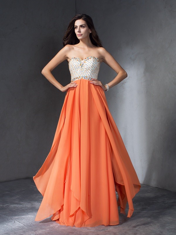 A-Line/Princess Beading Sweetheart Sleeveless Long Chiffon Dresses 3423