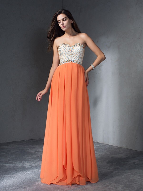 A-Line/Princess Beading Sweetheart Sleeveless Long Chiffon Dresses 3423