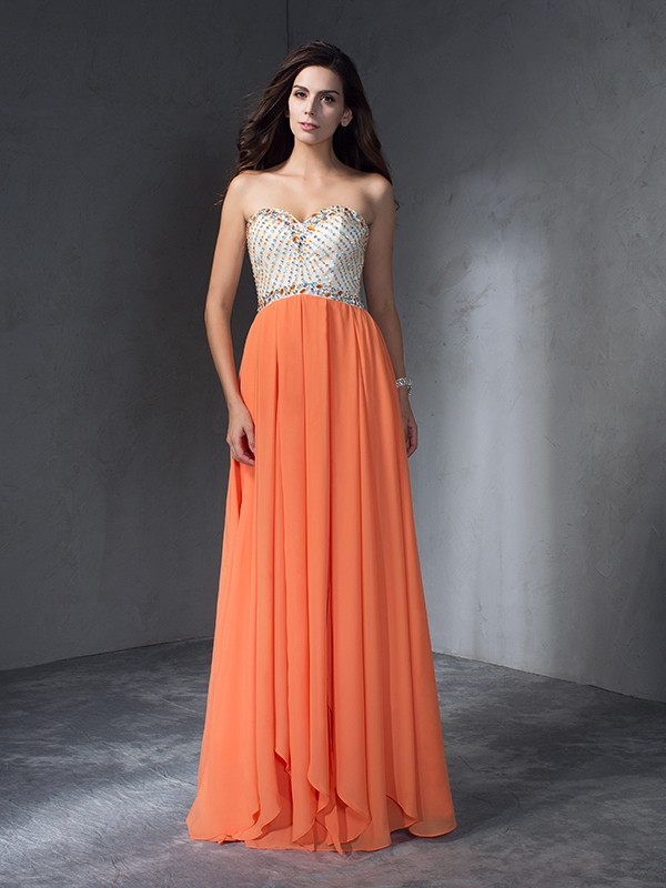 A-Line/Princess Beading Sweetheart Sleeveless Long Chiffon Dresses 3423