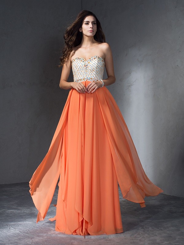 A-Line/Princess Beading Sweetheart Sleeveless Long Chiffon Dresses 3423