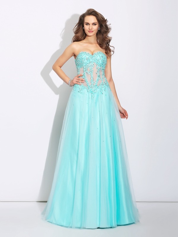 A-Line/Princess Sweetheart Lace Sleeveless Long Net Dresses 4977