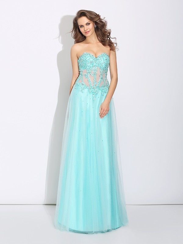 A-Line/Princess Sweetheart Lace Sleeveless Long Net Dresses 4977