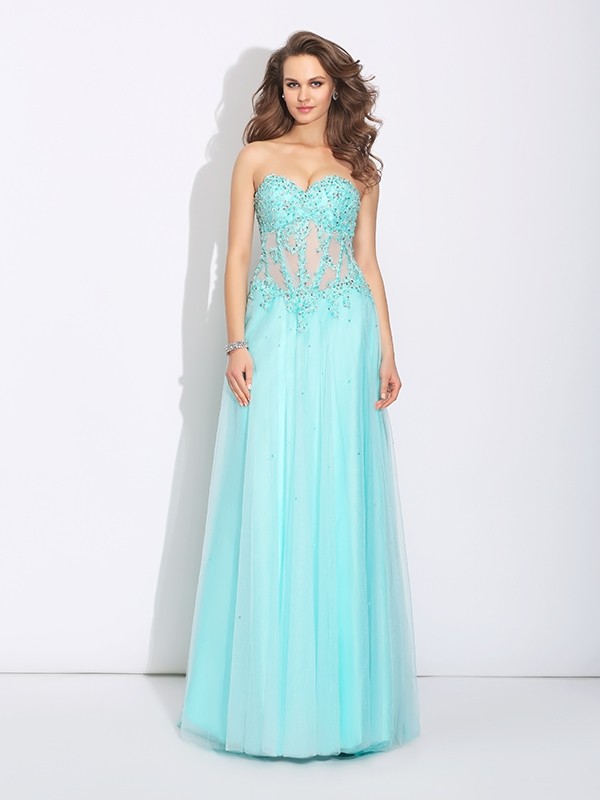 A-Line/Princess Sweetheart Lace Sleeveless Long Net Dresses 4977