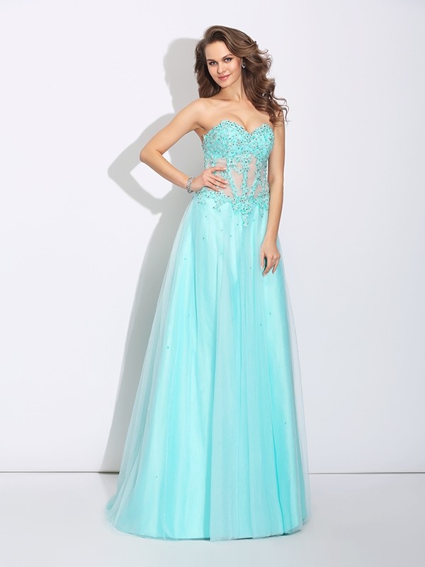 A-Line/Princess Sweetheart Lace Sleeveless Long Net Dresses 4977