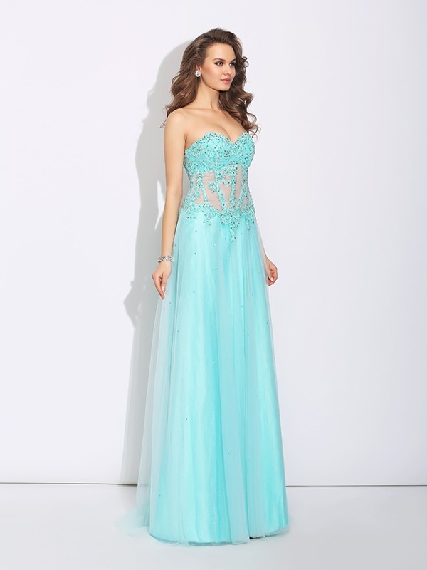 A-Line/Princess Sweetheart Lace Sleeveless Long Net Dresses 4977