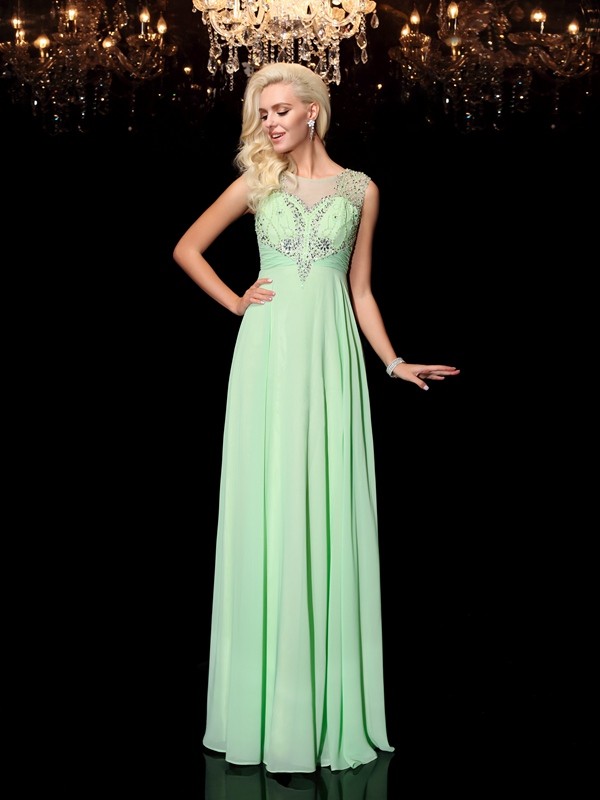 A-line/Princess Scoop Beading Sleeveless Long Chiffon Dresses 4305