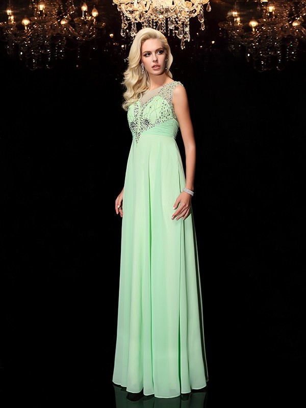 A-line/Princess Scoop Beading Sleeveless Long Chiffon Dresses 4305