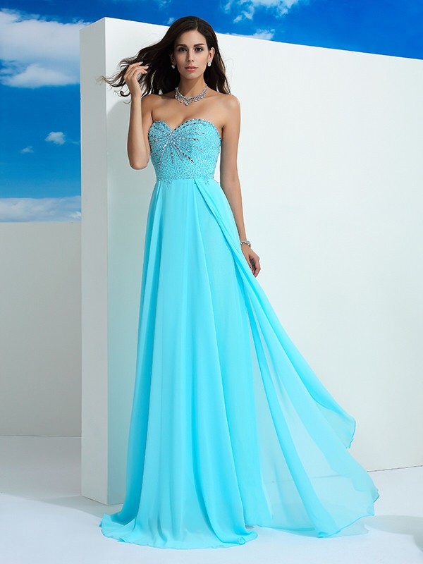 A-Line/Princess Sweetheart Beading Sleeveless Long Chiffon Dresses 4954