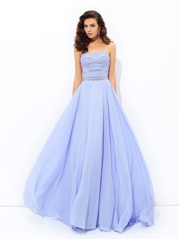 A-line/Princess Strapless Beading Sleeveless Long Chiffon Dresses 4750