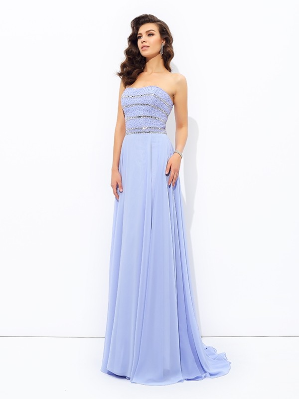 A-line/Princess Strapless Beading Sleeveless Long Chiffon Dresses 4750