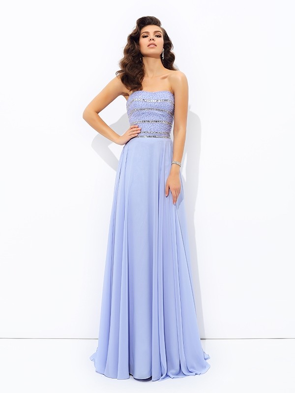 A-line/Princess Strapless Beading Sleeveless Long Chiffon Dresses 4750