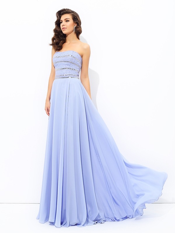 A-line/Princess Strapless Beading Sleeveless Long Chiffon Dresses 4750