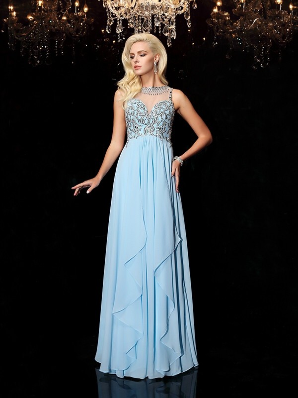 A-line/Princess Scoop Beading Sleeveless Long Chiffon Dresses 4306