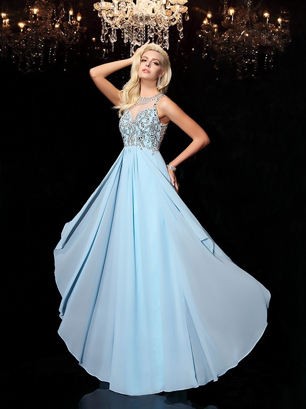 A-line/Princess Scoop Beading Sleeveless Long Chiffon Dresses 4306