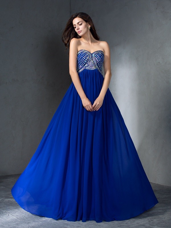 A-Line/Princess Sweetheart Beading Sleeveless Long Chiffon Dresses 4955