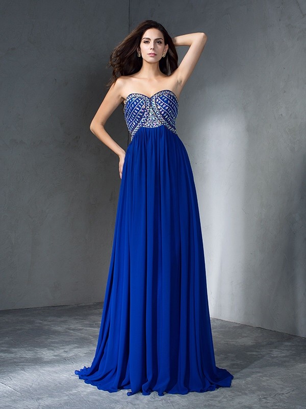 A-Line/Princess Sweetheart Beading Sleeveless Long Chiffon Dresses 4955