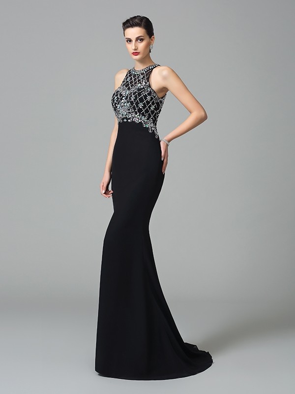 Trumpet/Mermaid Jewel Rhinestone Sleeveless Long Chiffon Dresses 7085